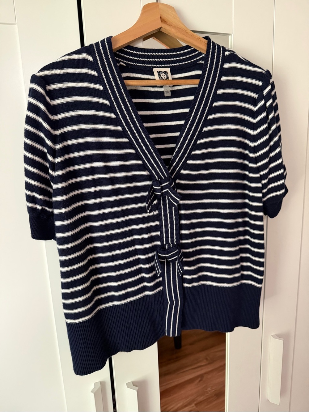 Anne Klein Navy and White Striped Short-Sleeve Knit Top with Front Ties